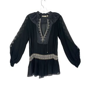 SOMI 100% Silk Top Boho Black Embroidered Size 4 Lagenlook Art